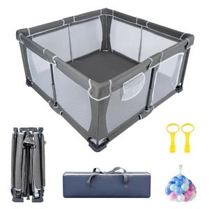 Foldable Baby Playpen,PlayPens for Babies and ToddlersIndoor Outdoor Safety Play Area, Portable Child Activity Large Collapsible Play YardFolding Fence (Cationic Fabric-Grey, 50"x50")