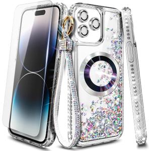 Designed for iPhone 15 Pro Max Magnetic Case Compatible with MagSafe, Tempered Glass Screen Protector/Camera Lens Protector/Wrist Strap Lanyard, Glitter Floating Liquid Cute Case (Diamond)