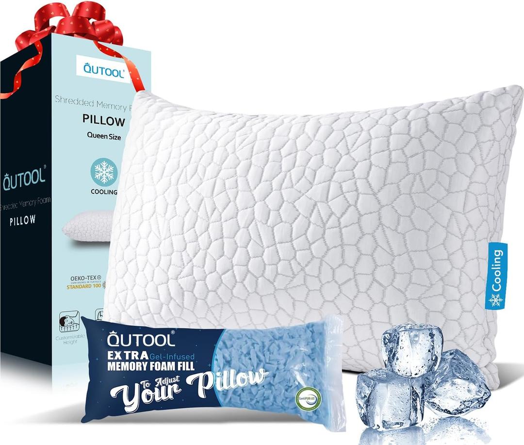 QUTOOL Cooling Pillow for Sleeping, CertiPUR-US Shredded Memory Foam Queen Pillow Set of 1, Cool Pillow for Hot Sleepers Adjustable Firm Pillow for Side, Back, Stomach Sleepers Soft Yet Support, White
