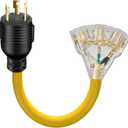 30 Amp to 110 Outdoor Generator Adapter Power Cord, 3 Prong Locking 30 Amp to 15 Amp Generator Cord, NEMA L5-30P Male to 3X 5-20R Female with Lighted End, 1.5FT