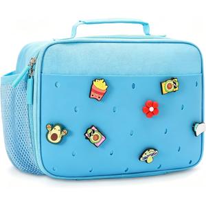Kids Insulated Lunch Bag with 10 Charms Customizable Lunch Box Reusable Lunch Tote for Boys Girls School Picnic Travel (Blue)