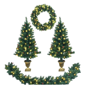 9 ft. Pre-Lit Christmas Decoration Set Artificial Christmas Garland Wreath and Entrance Trees (4-Pieces)