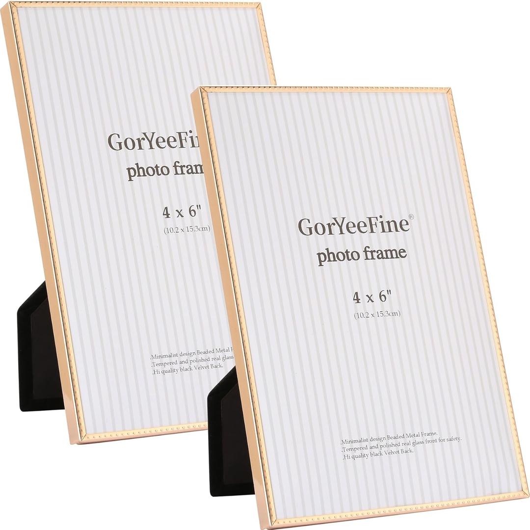 4x6 inch Gold Metal Picture Frames 2pack,Thin Edge Beading Minimalist Design Photo Frame 6x4'' with HD-Tempered Glass -Velvet Back,Tabletop & Wall Mount