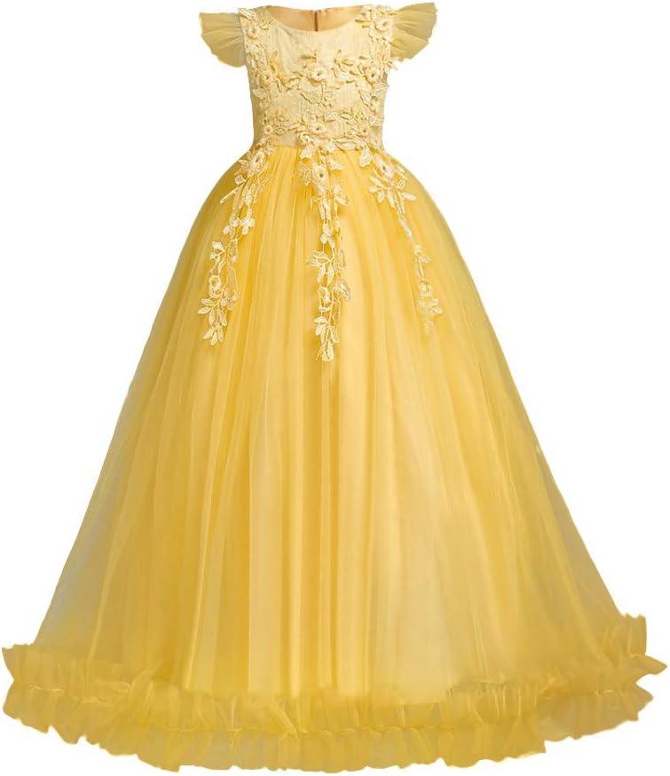 IBTOM CASTLE Flower Girls Dress Bridesmaid Wedding Pageant Party Princess Communion Floral Boho Vintage Lace Dance Maxi Gown for Kids Yellow 7-8 Years