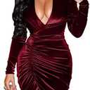 YMDUCH Women's Sexy Long Sleeve V Neck Ruched Bodycon Wrap Cocktail Club Mini Dress XL