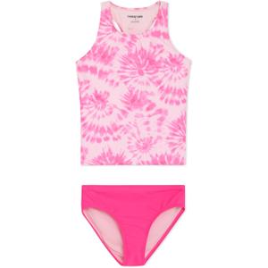Lands' End Girls' UPF 50+ Swim Bikini Bottom and Racerback Tankini Set (Pink, L)