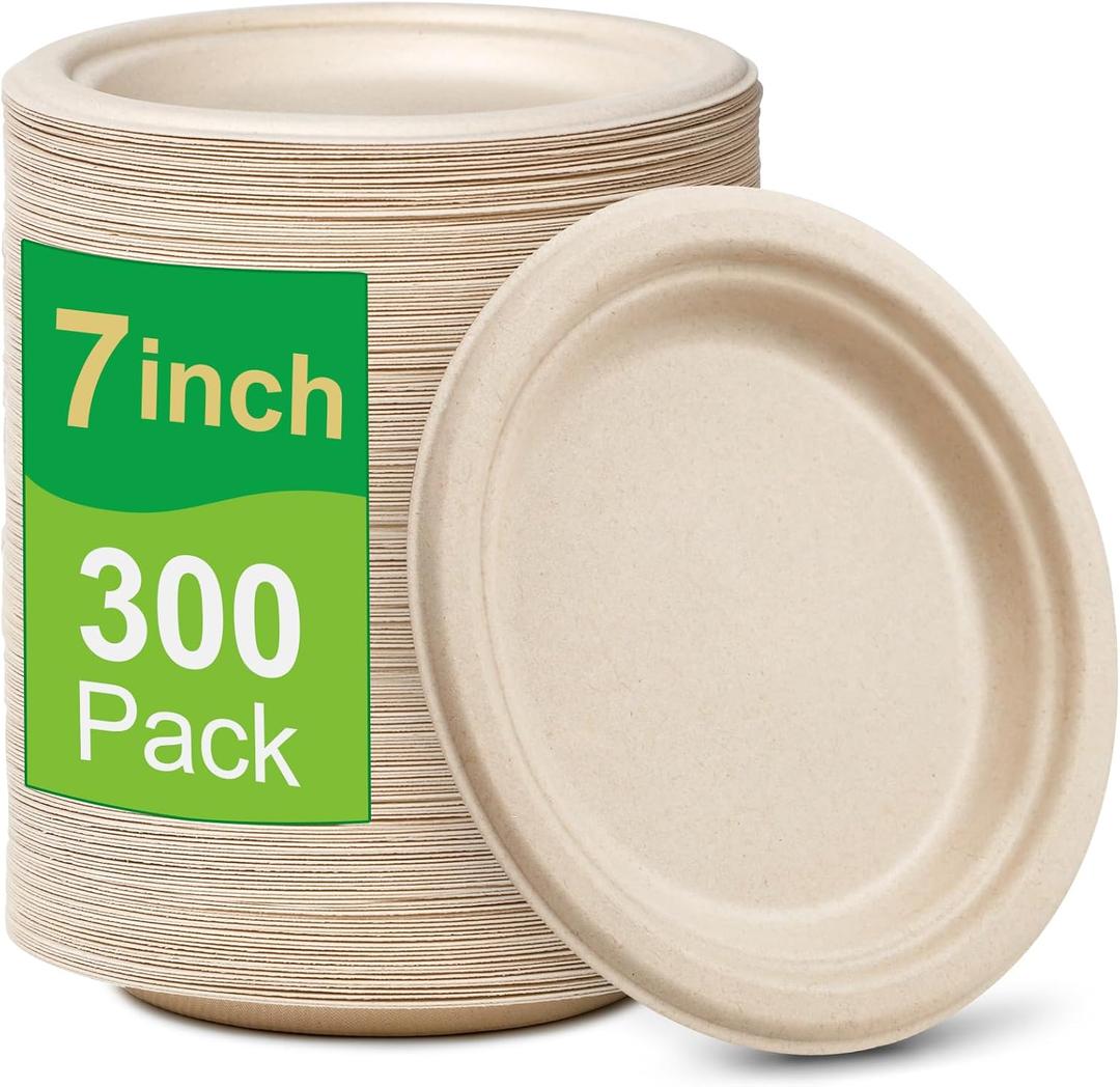 Small Paper Plates 7 inch, 300 Pack Disposable Paper Plates Bulk, 100% Compostable Dessert Plates, Biodegradable Recycled Paper Plates, Brown