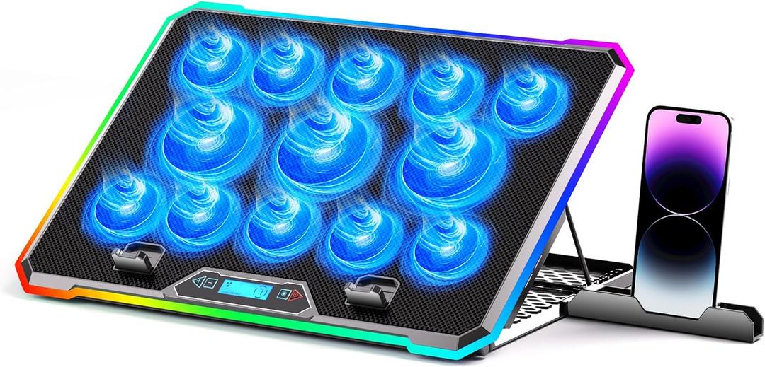 Gaming Laptop Cooler with 13 Ultra Quiet Fans, LCD Screen and Multi Color RGB - 10 Lighting Modes, 9 Adjustable Heights, Dual USB Ports, Built in Phone Holder for 15 to 21 Inch Laptops on Desk or Lap