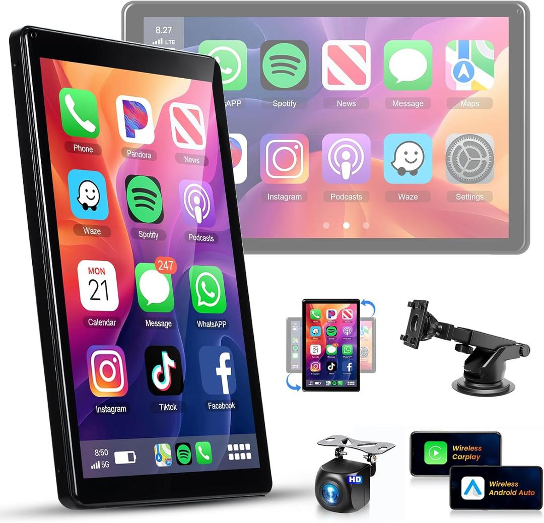 METEESER Wireless Carplay Screen for Car Android Auto,Super Link,Portrait & Landscape Screen, GPS,8" IPS Portable Car Audio Receivers Mirror Link,Bluetooth,Voice Control+HD Backup Camera