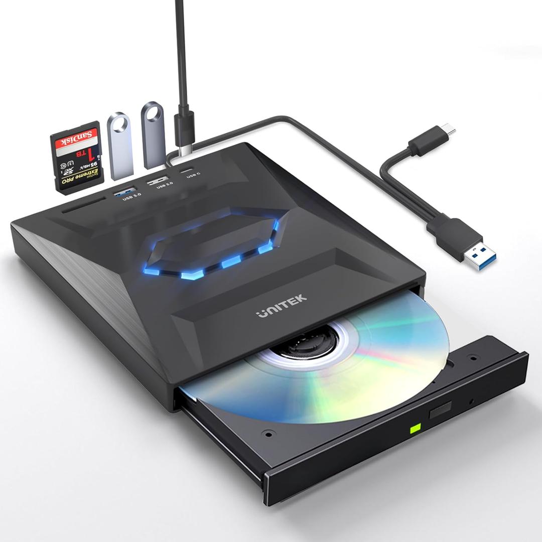 Unitek External CD DVD Drive, USB 3.0 Type-C Portable CD/DVD +/-RW Drive/DVD Player with SD Card Reader USB 3.0 USB C Hub CD ROM Burner Compatible for Laptop Desktop PC Mac Windows 11/10/8/7 Linux