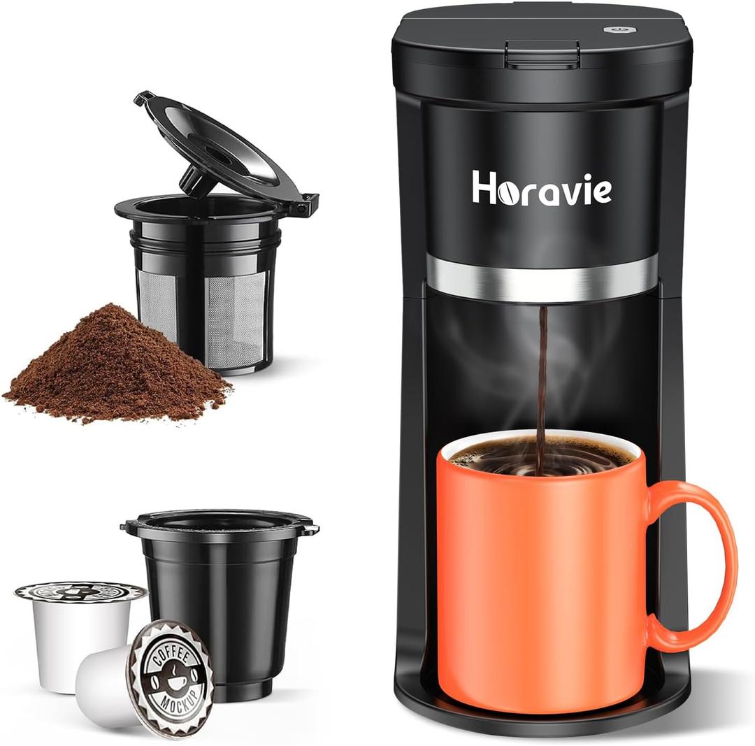 Small Single Serve Coffee Maker, Fast Brew One Cup Coffee Machine for K Cup and Grounds, 6 to 12 oz. Brew Sizes, Capsule Coffee Machine with Descaling Reminder and Viewing Tank, Black (9.45 Inches)
