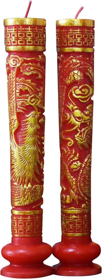 Chinese Dragon and Phoenix Wedding Candles Red Traditional Double Happiness 1 Pair, 9.84 Inch Tall x 2 Inch Diameter, Great for Chinese Weddings Decoration as Well as Special Events