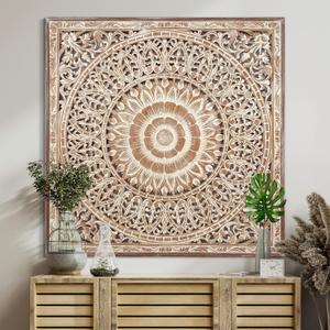 KultureDeco Large Spiritual Mandala Dcor [43x43 inch] Wood Wall Hanging Decor | Above Bed Wall Decor | Living Room & Bedroom Dcor Asethetic | Zen Farmhouse Wall Art