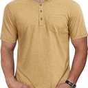 CRYSULLY Men's Henley Shirt Short Sleeve Cotton T-Shirts Pocket 3 Button Tops Lightweight Casual Basic Tee L