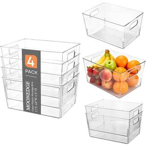 MOONEDGE Large Clear Plastic Storage Bins 4 Pack, 12" x 8" x 6" Stackable & Durable Organizers for Kitchen, Pantry, Refrigerator & Bathroom  Food Safe, Easy to Clean, Ideal for Home Organization