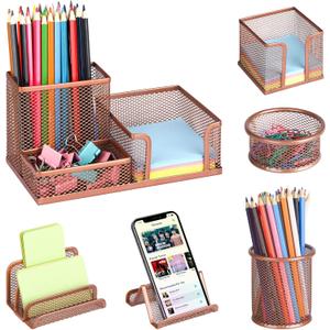 Pen Holder for Desk, 6 Pieces Mesh Desk Organizer set 3 Compartments pens holder, Mail Organizer Letter Holder Home Office Supplies Caddy Storage Baskets for Desktop Accessories, (6 Pack, Rose Gold)