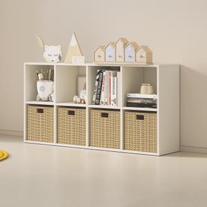 Wood Cube Storage Organizer Closet Cabinet for Living Room Bedroom Study Shelf Bookcase Wooden Floor Standing Open Bookshelf for Kids Home Office Display Storage Cabinet (White, 8-Cube, 11.81in)