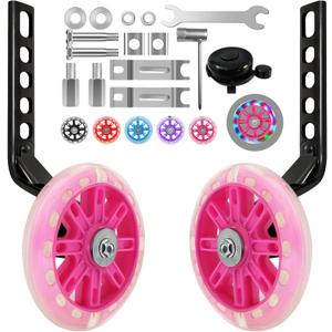 HAWENS Bike Training Wheels Mute Flash Wheels with Adjustable Bicycle Stabilizer Mounted Kit Compatible for 12 14 16 18 20 inch Single Speed Bike (Pink)