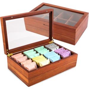 LANNEY Tea Bag Organizer - Acacia Wooden Tea Box Organizer Storage Box, Bag Holder Container with 8 Removable Compartments, Clear Window and Magnetic Lid for Coffee Sugar Countertop Kitchen Cabinet (Walnut Color)