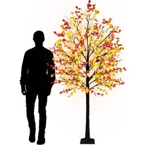 Krissing 8FT Fall Light Up Tree, Artificial Lighted Fall Eucalyptus Tree with 160 Led Lights Fake Large Autumn Tree for Fall Home Indoor Outdoor Thanksgiving Decor (Orange & Red)