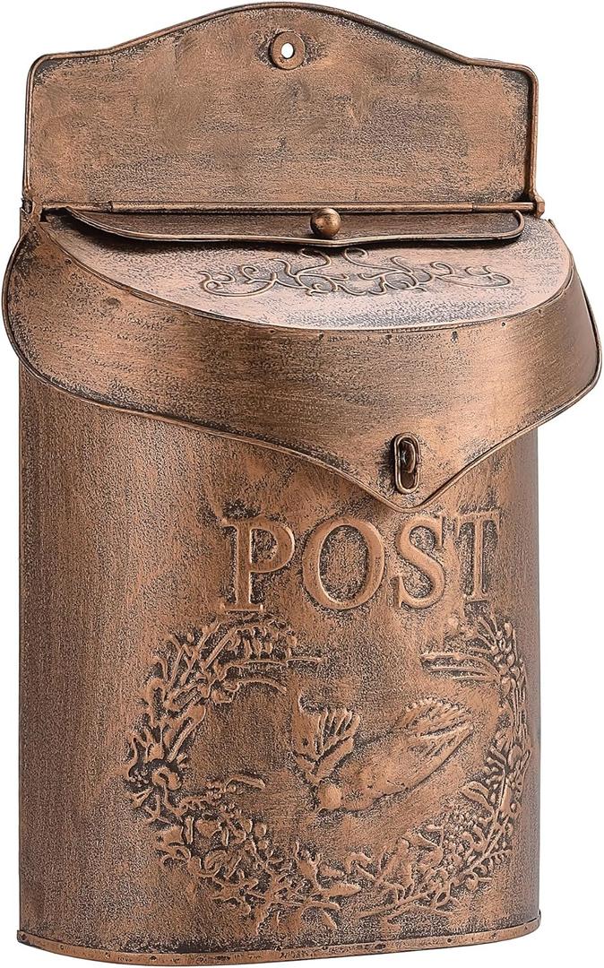 Metal Vintage Mailbox Wall Mount for Front Porch, Decorative Mailboxes for Outside, 15.5" H X 10.5" W X 4" D