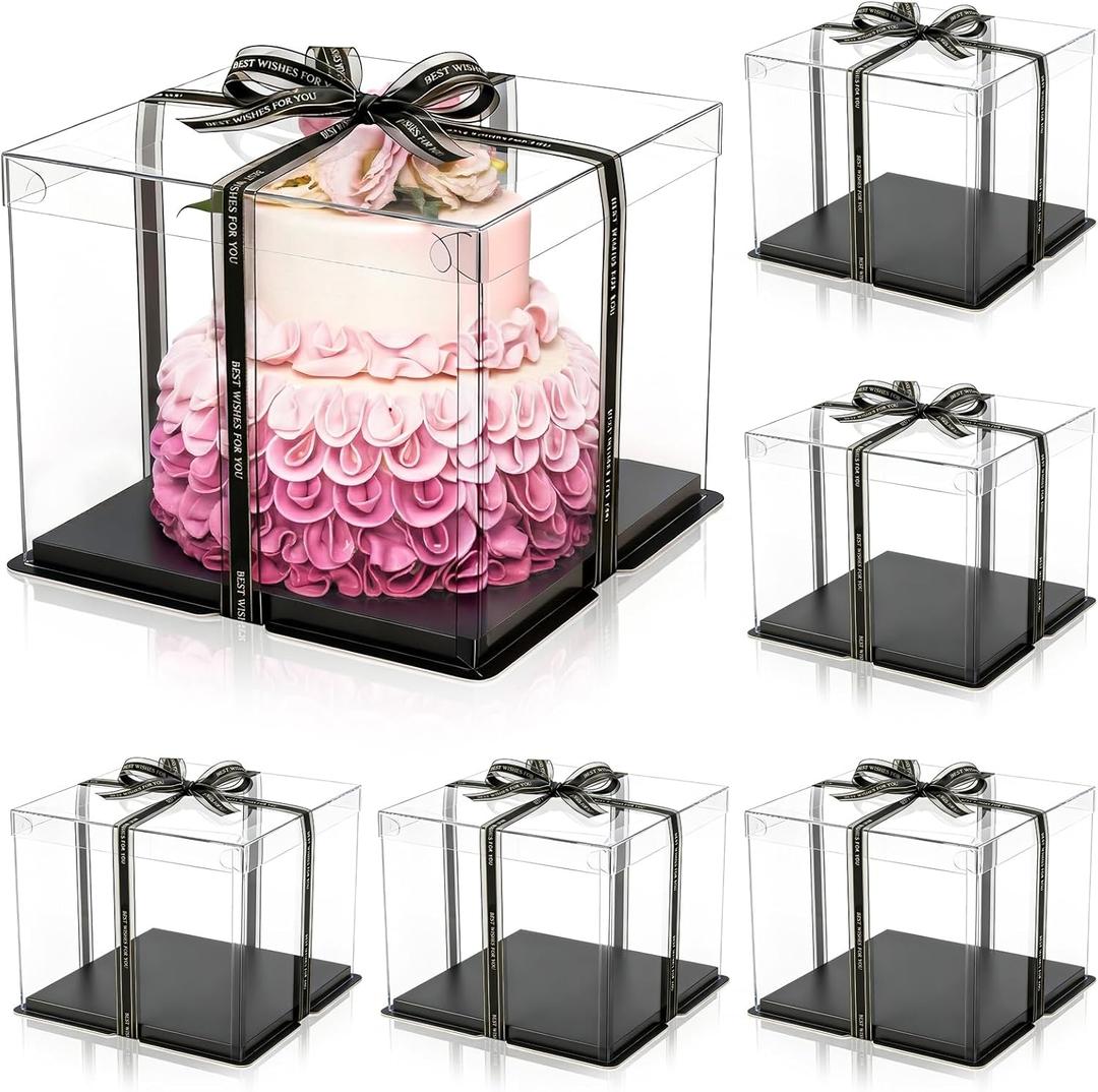 Cididu 6 Pack Large Clear Cake Box with Ribbon, Tall Cake Box Carrier 12x12x10 Inch, Tiered Transparent Cake Packaging Boxes with Lid and Board, PET Clear Gift Containers for Birthday Wedding Party