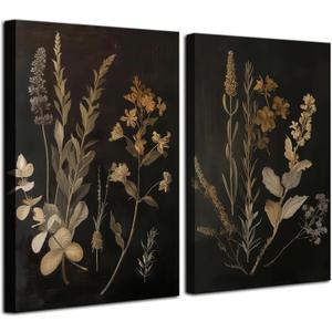 2Pcs Dark Botanical Canvas Wall Art Vintage Floral Wall Decor Pictures Dark Academia Moody Flowers Aesthetic Gallery Room Posters Prints for Bedroom Living room Decoration 16x24in