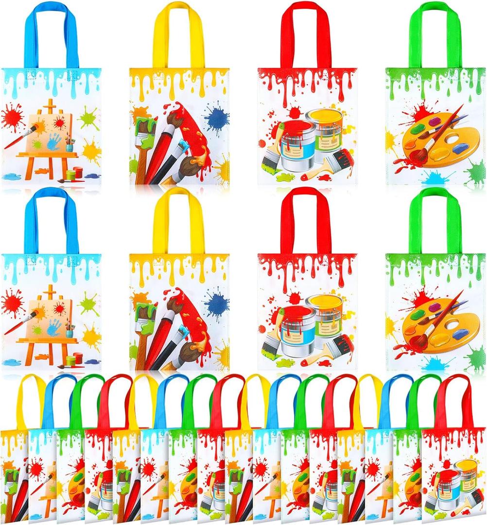 Sweetude 24 Pcs Art Party Favors Bags Non Woven Paint Gift Bags with Handles Paint Splatter Party Decorations for Art Birthday Treat Goodies Baby Shower Supplies, 4 Styles, 7.87 x 9.84 in