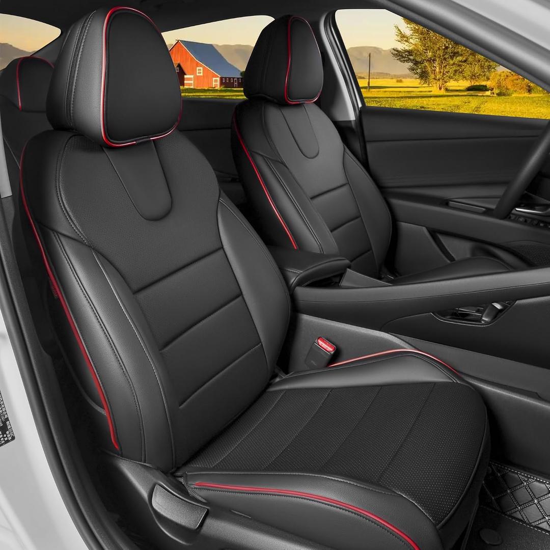 HKZ Elantra Seat Covers Custom Fit for Hyundai Elantra 2021 2022 2023 2024 2025 2026 SE/SEL/SEL Sport & Hybrid Blue/SEL Sport [Rear Bench W/Fixed Headrests] Leather Seat Cover Full Set, (Black+Red)