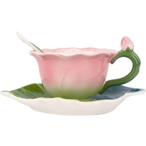 Pink Rose Floral Teacup and Saucer Set for Women, 5.6 Oz Enamel Porcelain Rose Flower Shaped Tea Cup with Spoon