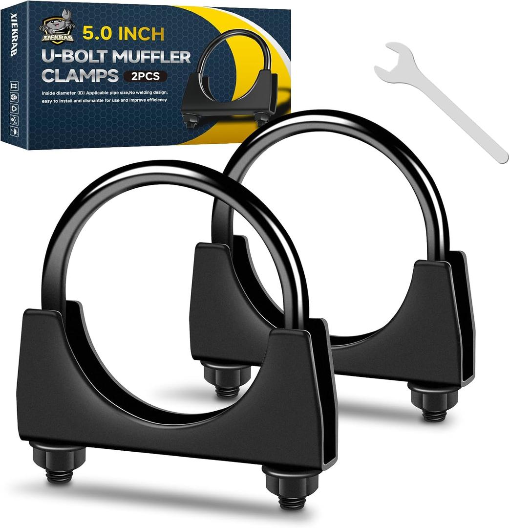 2Pcs Heavy-Duty 5.0 Inch Exhaust ClampsRust Proof Black Finish, Saddle-Style U-Bolt Clamps for Secure Pipe Connections