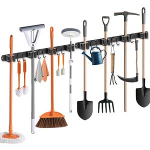 Broom Holder Wall Mount, 2 Packs Black Stainless Steel Tool Storage Organizer for Kitchen Garden Garage Laundry Room Bathroom and RV with 4 Slots 6 Hooks