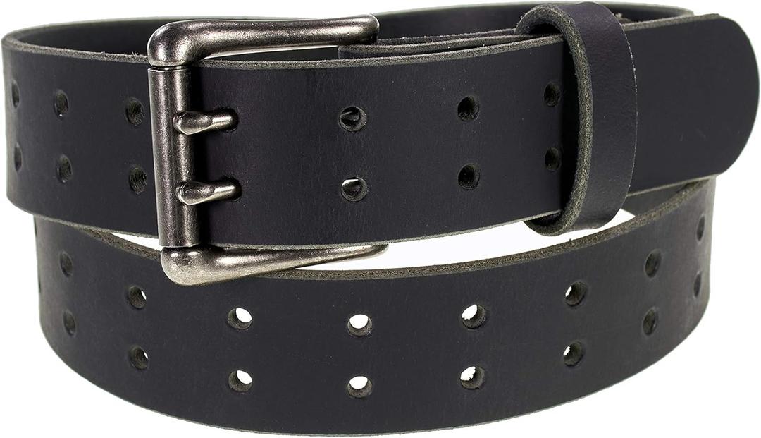 Mens Classic Leather Belt, Double Prong Retro Style, Antique Nickel Buckle, 1  Width, Amish handmade in the USA (Black)