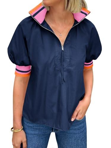 Tankaneo Womens Puff Sleeve Tops Blouse Color Block Half Zip V Neck Pullover Trendy Summer Casual Loose Fit Shirts Navy, Size: M