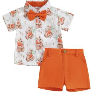 Toddler Boy Easter Outfits Bunny Carrot Print Short Sleeve Button Down Shirt Top Shorts Set Gentleman Suit Size 80