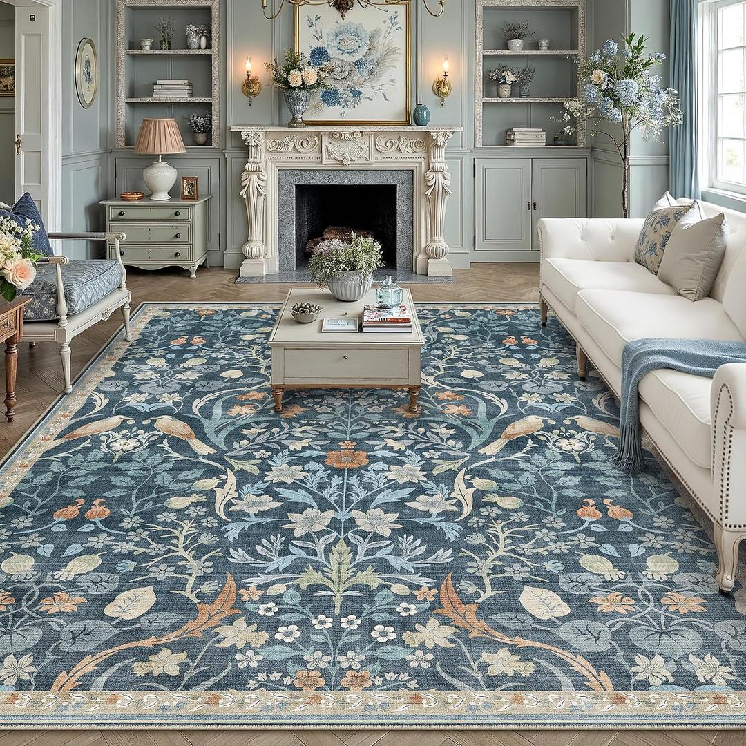 8x10 Washable Area Rug for Living Room Light Blue Floral Vintage Non Slip Low Pile Rug Soft Lightweight Stain Resistance Carpet Bedroom Nursery Dining Room Office Classroom Playroom Home Decor