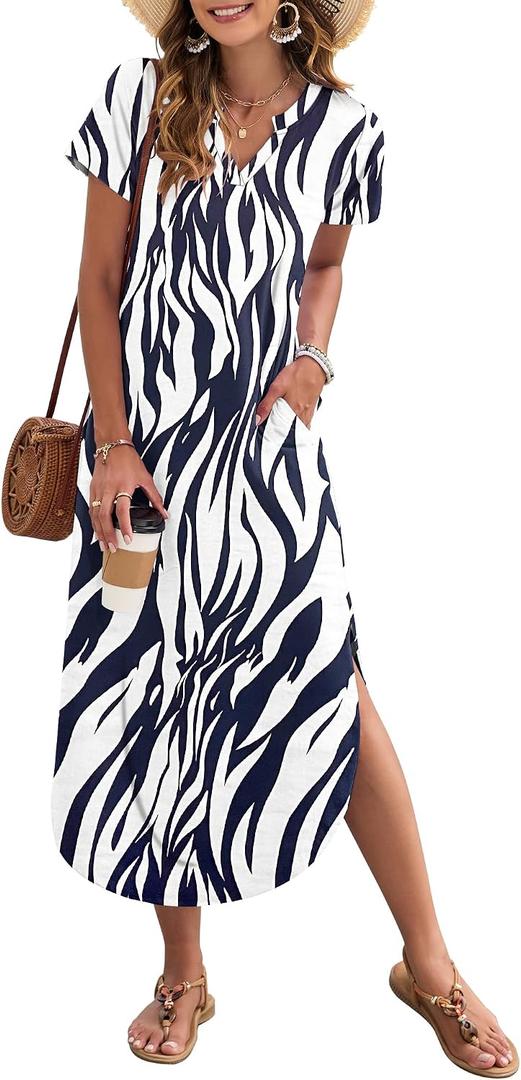 MISFAY Women's Summer Casual Maxi Dress 2026 Short Sleeves V Neck Loose Sundress Split Long Beach T Shirt Dress Vacation Outfits(Navy Blue Leaf,S) (S)