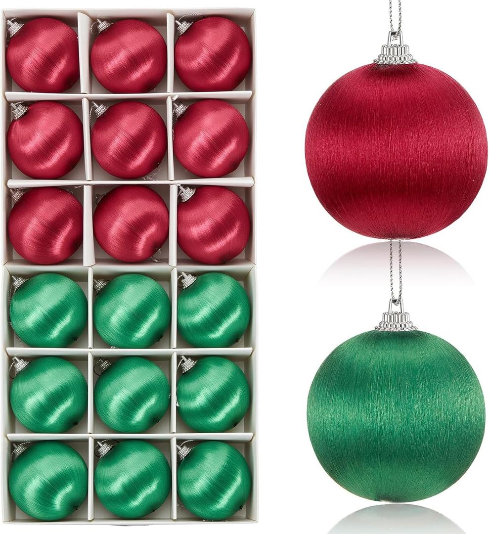 Threan 18 Pcs Burgundy Green Christmas Satin Balls Christmas Silk Ball Ornaments Shatterproof Tree Decorations Elegant Hanging Ornaments for Xmas Tree Decor (2.36 Inch)