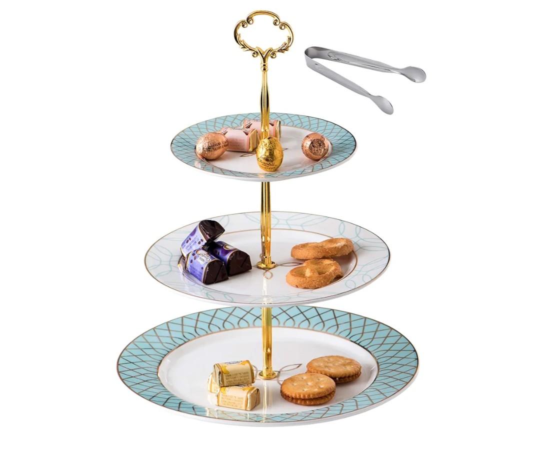 Jusalpha 3-tier Elegant Blue Ceramic Cake Stand/Cupcake Stand/Dessert Stand/Tea Party Pastry Serving Platter/Food Display, Stand, Comes In a Gift Box- Free Sugar Tong JQ-3RG (Blue)