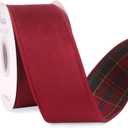 Ribbli Dark Red Velvet Wired Ribbon with Red GreenTartan Plaid Reversible 2.5 Inch Christmas Ribbon for Gift Wrapping Christmas Tree Decoration Crafts Wreaths Supplies-Continuous 10 Yards