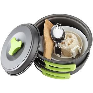 Milisten 10Pcs Outdoor Camping Cookware Set Lightweight Anodized Pot Pan and Bowl Kit for Persons for Hiking Backpacking and Picnics Green Handle