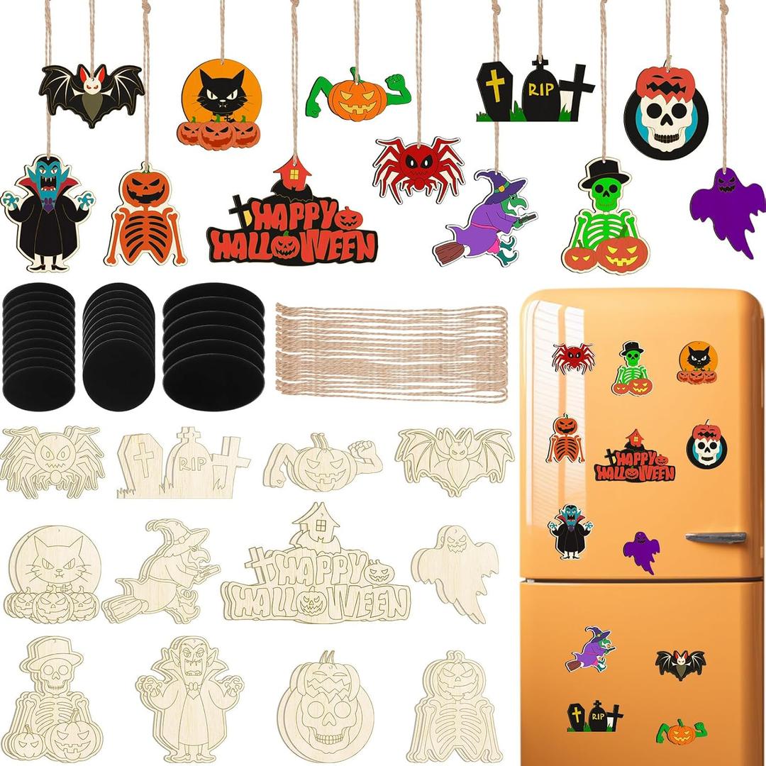 3 x Jenaai 72 Pcs Halloween DIY Wooden Magnets Crafts Kit Refrigerator Decoration Halloween Painting Magnetic Stickers Pumpkins Bats Ghost Hanging Magnets for Garage Door Mailbox Decor