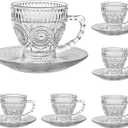Vintage Glass Tea Cups with Saucers, Glass Mugs 7 Oz Set of 6 Espresso Coffee Embossed Glassware with Handle, for Cappuccino, Latte, Cereal, Yogurt, Beverage Hot/Cold, Milk