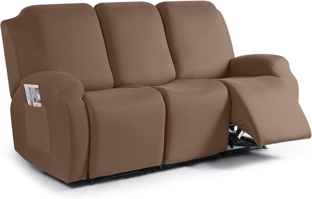 TAOCOCO Recliner Sofa Slipcover, 3 Pieces Polyester Fabric Stretch Sofa Covers for 3 Seat Reclining Couch, Soft Washable Furniture Protector with Pockets (3 Seat, Light Coffee)