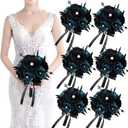 Set of 6 Bridesmaid Bouquets for Wedding - 7 inch Artificial Flower Bouquet Silk Rose with Pearls Gothic Small Floral Bouquets for Bridal Shower Marriage Proposal Halloween Party Ceremony Anniversary (Black & Blue)