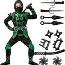 Spooktacular Creations Green Ninja Costume Set, Ninja Jumpsuit with Foam Accessories for Kids, Toddler Halloween Outfit for Ideas Cosplay Party (S, 5-7 yrs)