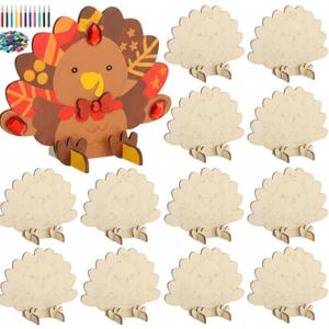 Blueweenly 12 Set Fall Thanksgiving Sitting Turkey Craft Kit for Kids DIY 3D Wooden Turkey Painting Kit with Watercolor Pens Acrylic Diamond Thanksgiving Party Decoration Activities Favors Gifts