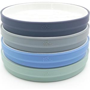 Elk and Friends Kids 7.8” Porcelain White Plates with Silicone Sleeves | Suitable for Babies/Toddlers | Microwave & Dishwasher Safe | Non Slip Dinnerware | Snack Dishes | 4 Pack