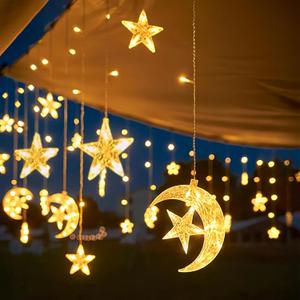 Moon and Star LED Curtain Lights, 8.2ft Christmas Decorations Indoor String Lights, Twinkle Fairy Light for Bedroom,Ramadan Decor, Battery Operated or USB Plug-in, Warm White