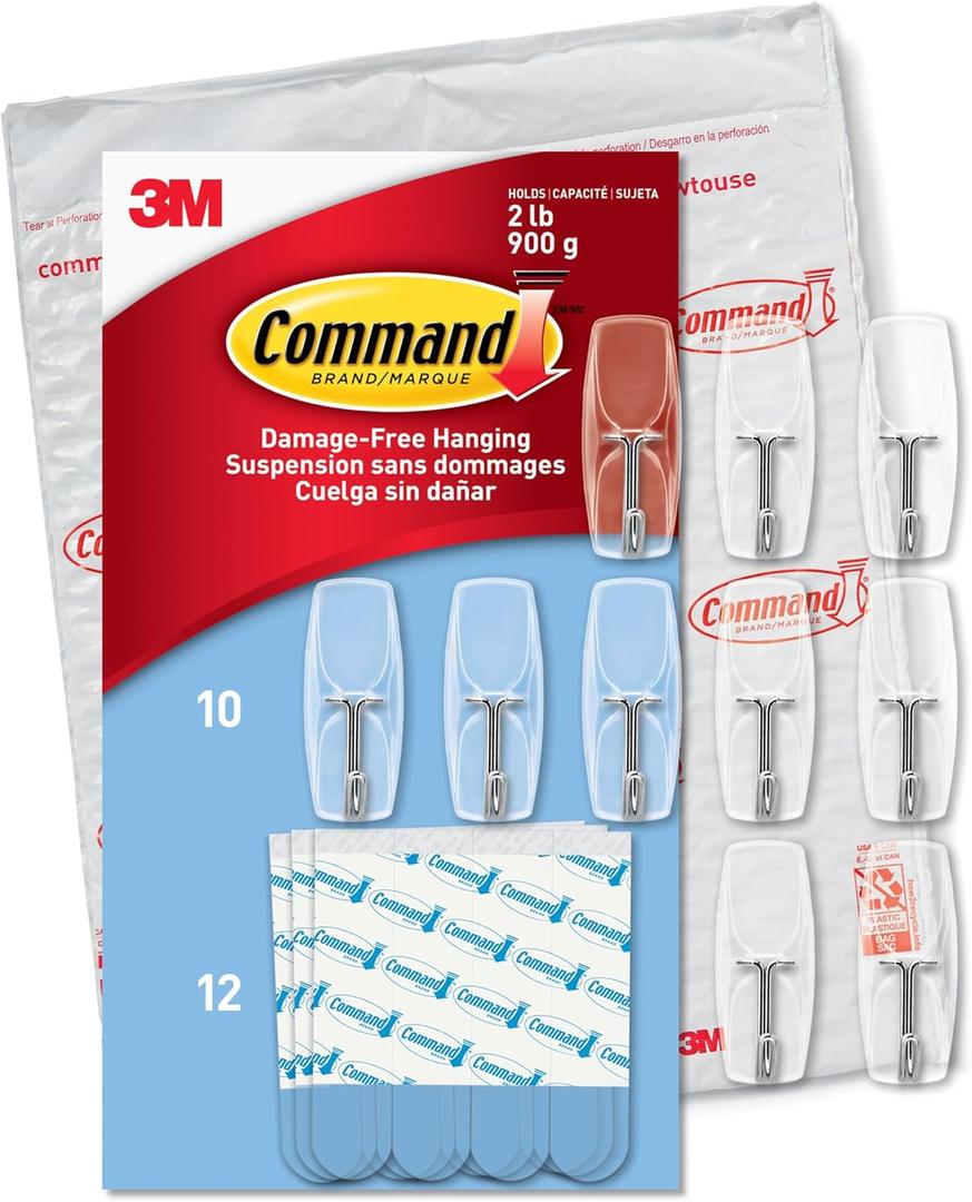 Command Medium Clear Wire Toggle Hooks,10 Wall Hook and 12 Strips, Damage-Free Hanging with Adhesive, Great for Hanging, Organization and Storage, Holds up to 2 lb